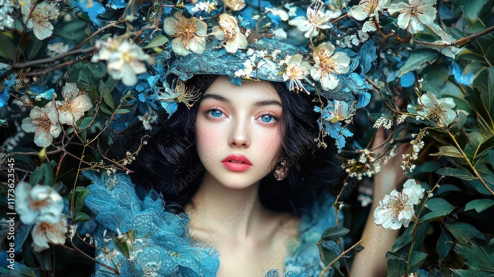 Enchanted Forest Nymph: A Dreamlike Portrait of a Woman Adorned with Flowers Enchanted Forest Nymph: A Dreamlike Portrait of a Woman Adorned with Flowers