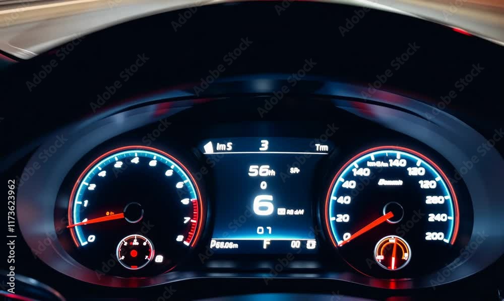 exciting car dashboard view at night with speed acceleration
