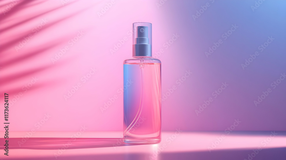 Pink and purple gradient background with a clear glass spray bottle. The bottle is filled with a light pink liquid and has a silver spray top. Pink and purple gradient background with a clear glass spray bottle. The bottle is filled with a light pink liquid and has a silver spray top.