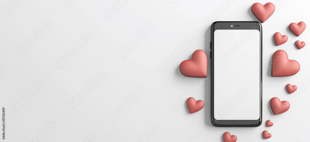 Mobile phone mockup with hearts and pastel pink background. Valentine's day banner with a smartphone with blank screen template Mobile phone mockup with hearts and pastel pink background. Valentine's day banner with a smartphone with blank screen template