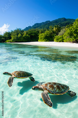 Two turtles swim in the ocean near the sandy shore of a green island photo