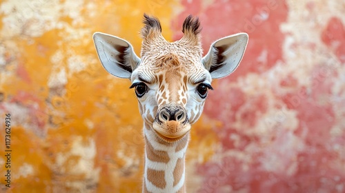 Close-up portrait of a cute baby giraffe against a textured, colorful background.