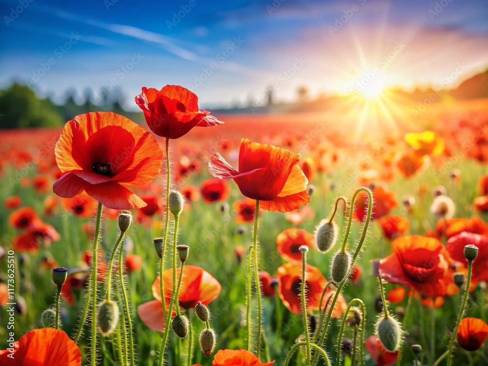 Naklejka premium Vibrant Red Poppy Field in Summer Bloom - Stunning Wildflower Landscape Photography
