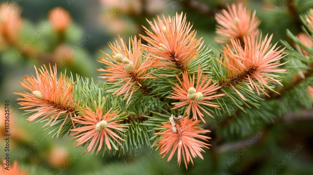 Vibrant Orange Pine Cones on Evergreen Branch Detailed Macro Photography Vibrant Orange Pine Cones on Evergreen Branch Detailed Macro Photography