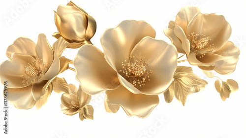 3d gold flowers png on transparent background. Blossom. Illustration