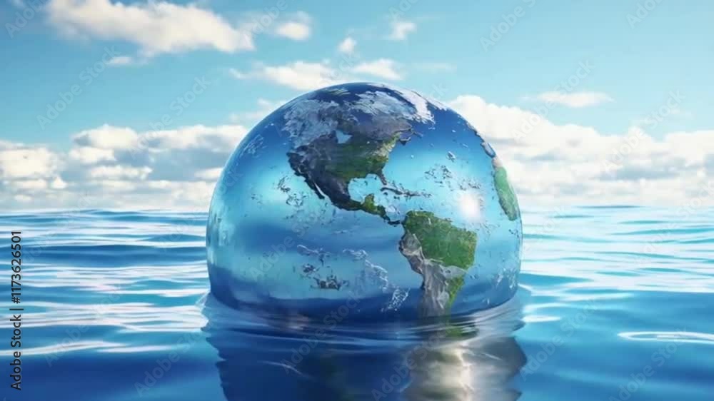 Globe. Planet Earth floats in the blue gentle waters of the world ocean. Ecosystem Globe. Planet Earth floats in the blue gentle waters of the world ocean. Ecosystem