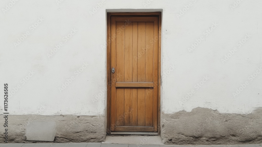 Fototapeta premium Simple wooden door on a white wall.