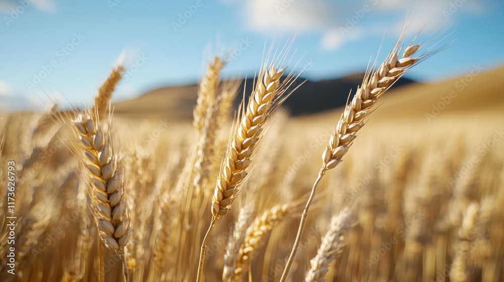 Fototapeta premium Sunlit golden wheat sways in the breeze under a vast, clear blue sky, capturing a serene countryside moment of natural beauty and tranquility.