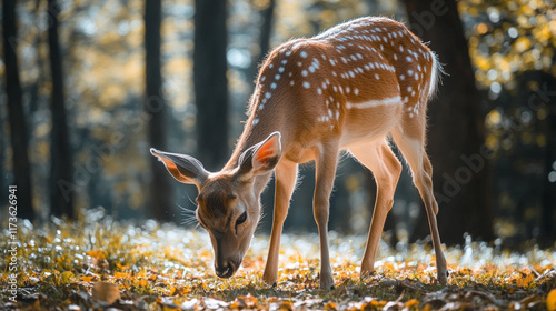 A close-up shot of a deer grazing in a lush forest, surrounded by tall trees and dappled sunlight filtering through the leaves photo