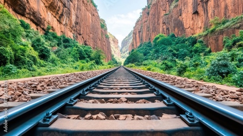 Railroad tracks disappearing into a deep canyon, flanked by lush vegetation and towering red rock formations. photo