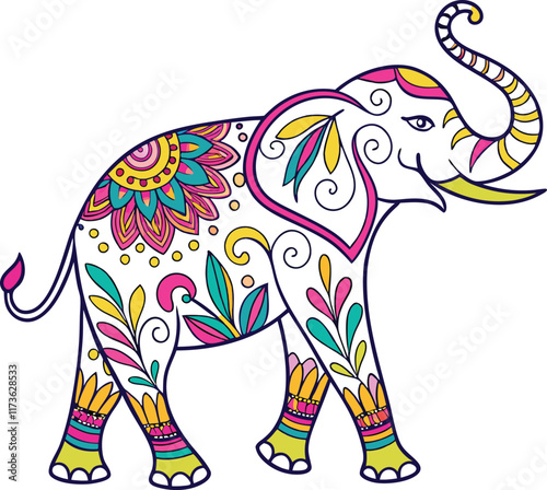 A vibrant, multicolored elephant adorned with intricate floral and paisley patterns