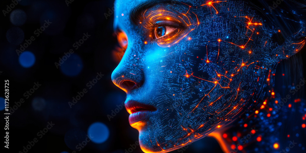 Artificial Intelligence Face with Digital Circuit Patterns in Futuristic Setting Artificial Intelligence Face with Digital Circuit Patterns in Futuristic Setting