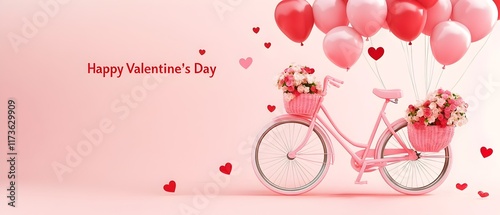 valentine's day card design features a pastel pink bicycle adorned with flower baskets. the balloons in shades of red and pink float alongside the bicycle, and the text "Happy Valentine's Day".