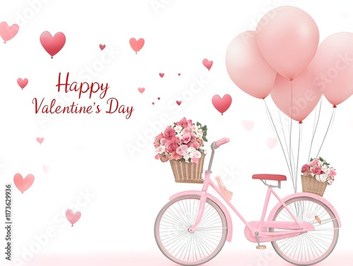 valentine's day card design features a pastel pink bicycle adorned with flower baskets. the balloons in shades of red and pink float alongside the bicycle, and the text "Happy Valentine's Day".