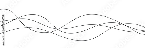 Thin wavy line abstract background. Wavy line horizontal divider outline minimalist background. Abstract black lines wave curve motion on white background. Vector Illustration.