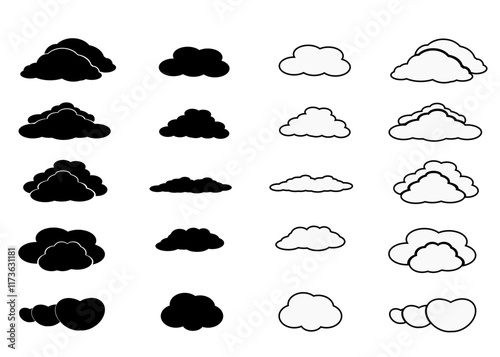 Set of cloud icons. Cloud set flat cartoon silhouette. Abstract black and white cloudy collection. 