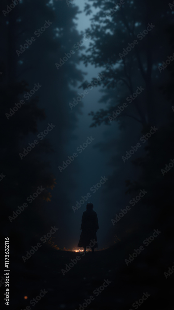 A person stands on a dark path leading into a forest during nighttime. A person stands on a dark path leading into a forest during nighttime.