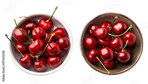 two bowl of fresh red cherries fruit on transparent background, flat lay, top view