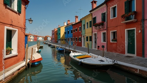 June 25, 2019. Italy. Burano. Famous for its colorful canal with charming houses and vibrant boats