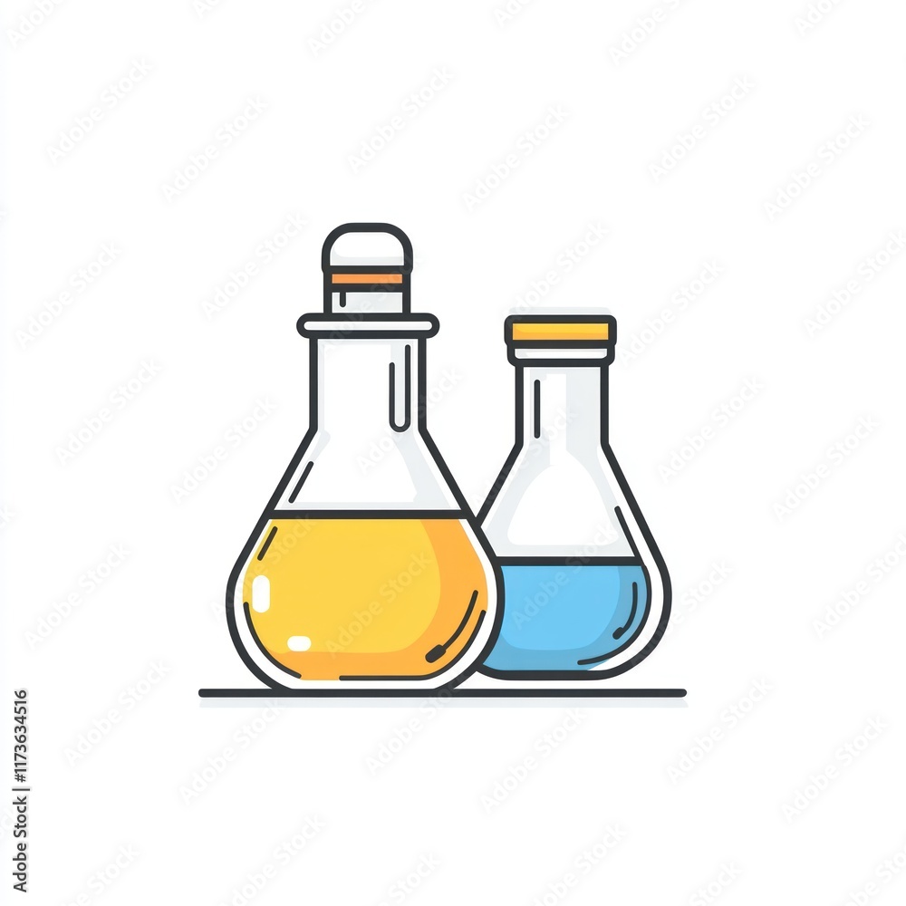 Two Erlenmeyer Flasks Containing Yellow and Blue Liquids Two Erlenmeyer Flasks Containing Yellow and Blue Liquids