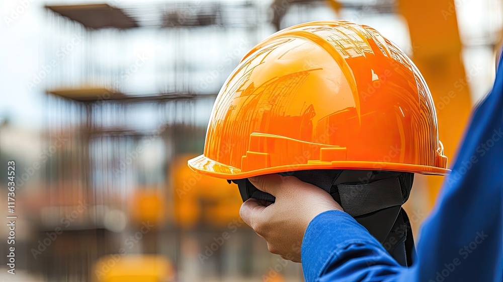 A person holding an orange construction helmet at a building site. A person holding an orange construction helmet at a building site.