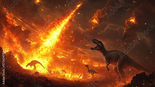 The extinction of dinosaurs due to a meteor impact, with a fiery sky and fleeing dinosaurs, depicting the cataclysmic event that ended the reign of prehistoric giants.  photo