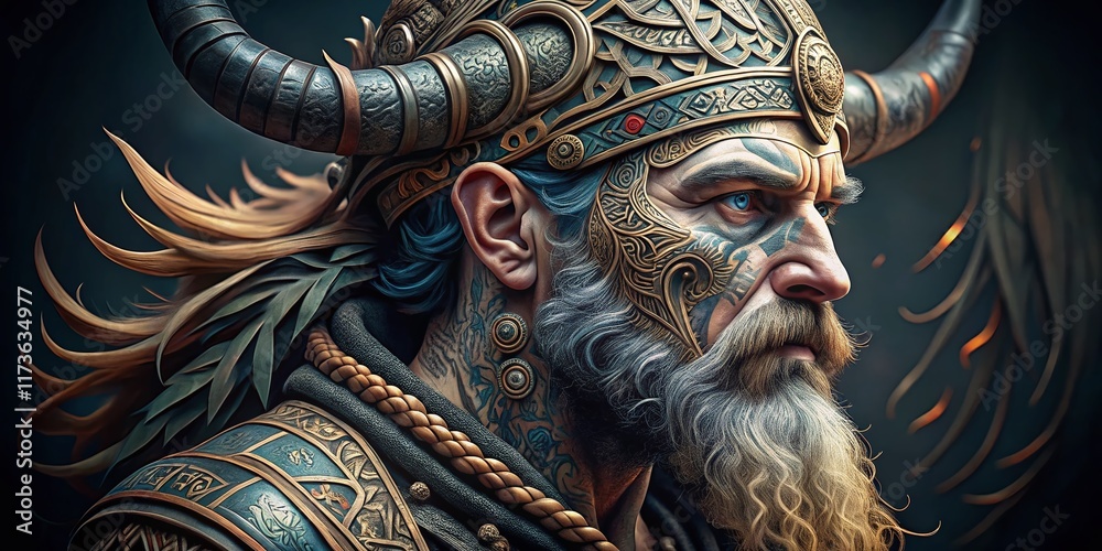 Fototapeta premium Viking Head Tattoo Design: Ornate Horns & Tribal Knotwork Illustration