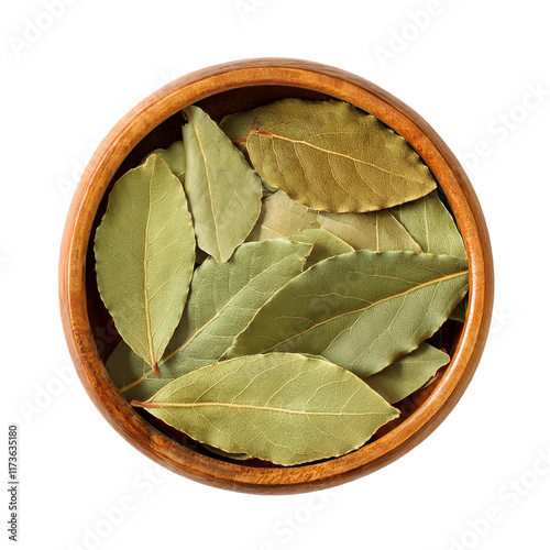 dried bay leaves in wooden bowl, top view, flat lay, isolated transparent background