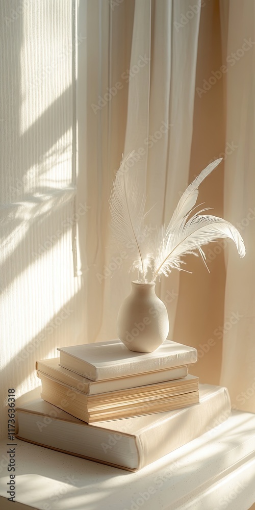 Fototapeta premium Minimalist still life with books, a vase, and feathers in soft natural light.