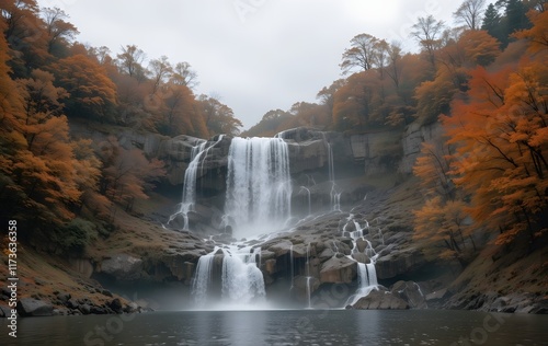 Autumn Waterfall: Serene Cascade Flowing Over Rocky Cliff with Vibrant Fall Foliage
