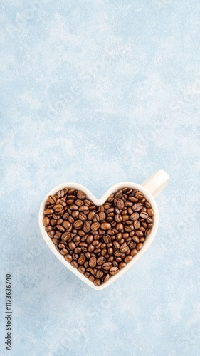 Coffee love heart-shaped beans in a cup minimalist background food photography calm environment close-up view