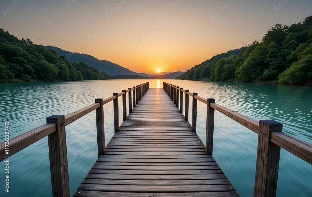 Naklejka premium Wooden Boardwalk Leading into a Calm Lake at Sunset with Tranquil Surroundings