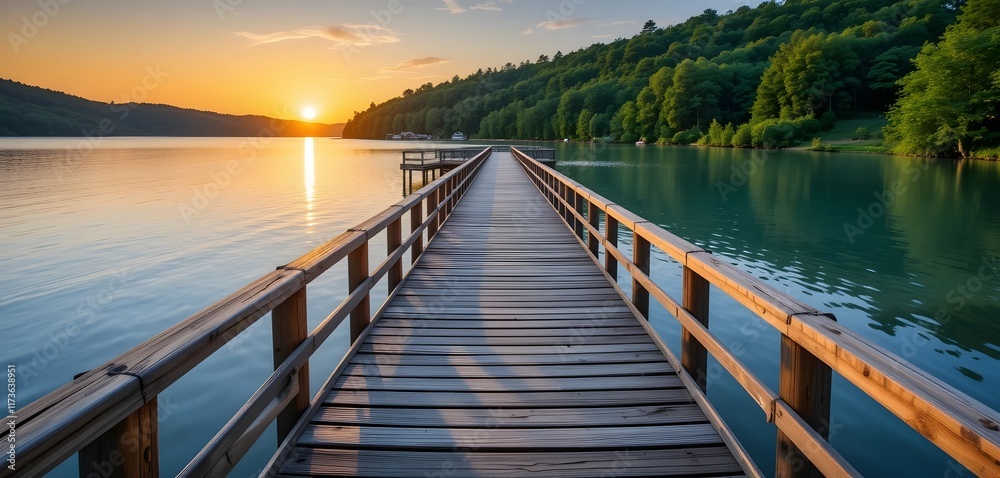 Wooden Boardwalk Leading into a Calm Lake at Sunset with Tranquil Surroundings Wooden Boardwalk Leading into a Calm Lake at Sunset with Tranquil Surroundings