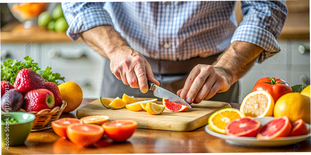 Macro shot of a man slicing fresh fruits in a bright kitchen with colorful produce around him Macro shot of a man slicing fresh fruits in a bright kitchen with colorful produce around him