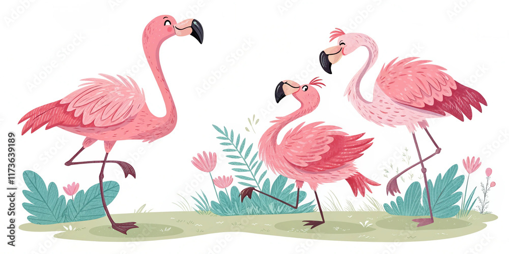 Naklejka premium Three pink flamingos with long beaks stand gracefully in a tropical lake, a romantic symbol of love and wildlife