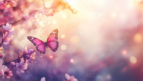 Wallpaper Mural Beautiful spring background with a pink butterfly and cherry blossom flowers. Springtime nature scene with a blooming tree branch and a blurred sky. Background for the design of greeting cards, weddin Torontodigital.ca
