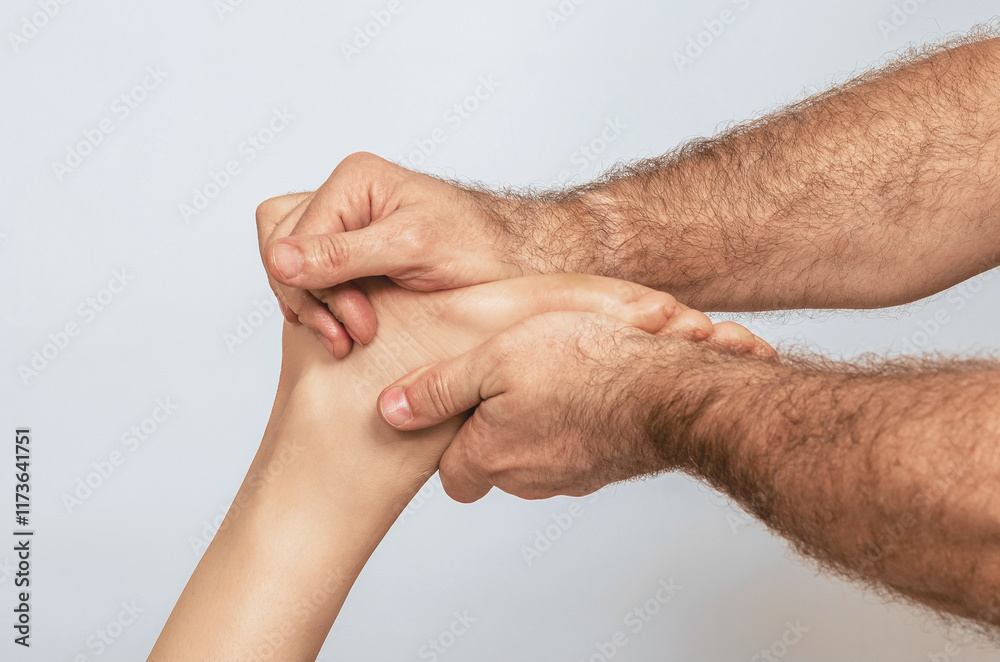 Fototapeta premium Male strong hairy hands embrace female toes and heel. Male hands do foot massage. Gray background.