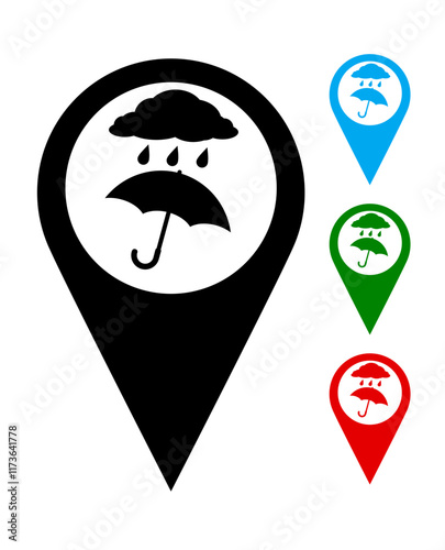 Punto de ubicación en mapa para lluvia o tormenta. Iconos en color celeste, verde, rojo y en blanco y negro.