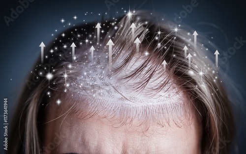 Biotin, Hair regrowth concept, woman's scalp with upward arrows and sparkles.