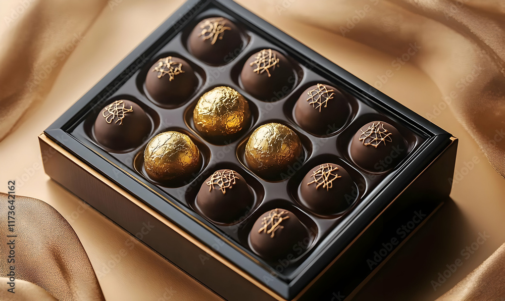 Gourmet chocolate truffles in a luxury box, resting on a beige silk fabric. Two truffles are wrapped in gold foil.