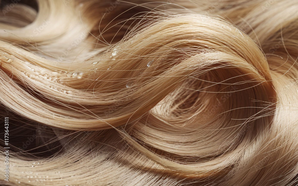 Naklejka premium Biotin, Close-up of shiny, blond, wavy hair with water droplets.