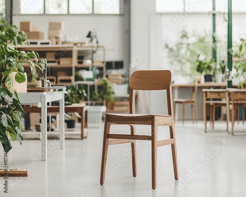 Modern wooden chair assembly process, factory setting, clean industrial lines, workers crafting furniture with precision tools