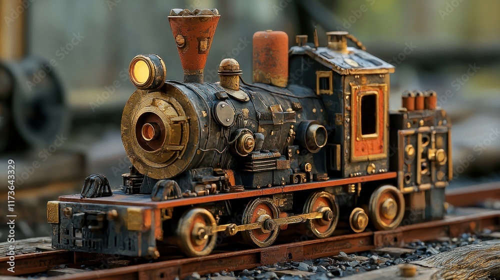 Fototapeta premium Vintage Steampunk Train Model on Rusty Tracks