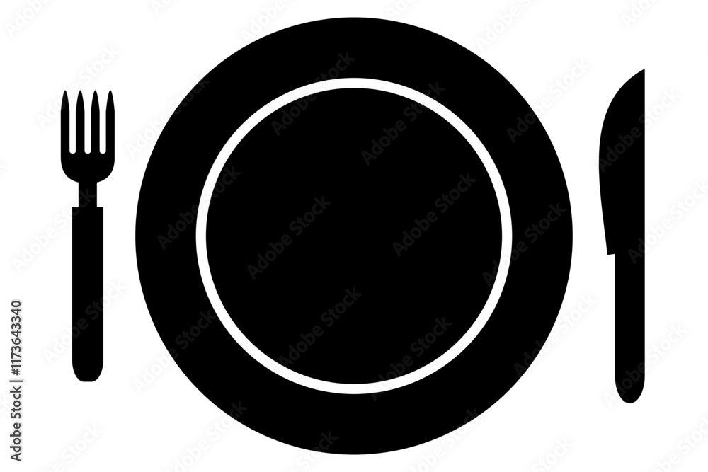 Silueta de plato con tenedor y cuchillo. Icono de cubiertos de restaurante. Silueta de plato con tenedor y cuchillo. Icono de cubiertos de restaurante.