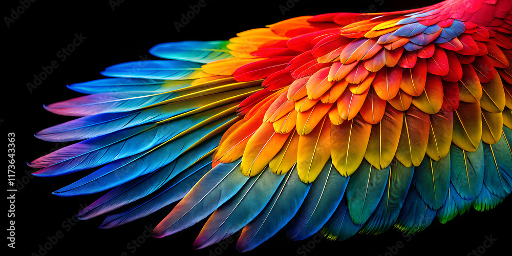 Obraz premium Vibrant parrot wing displaying a spectrum of colors against a sleek black background in minimalist style