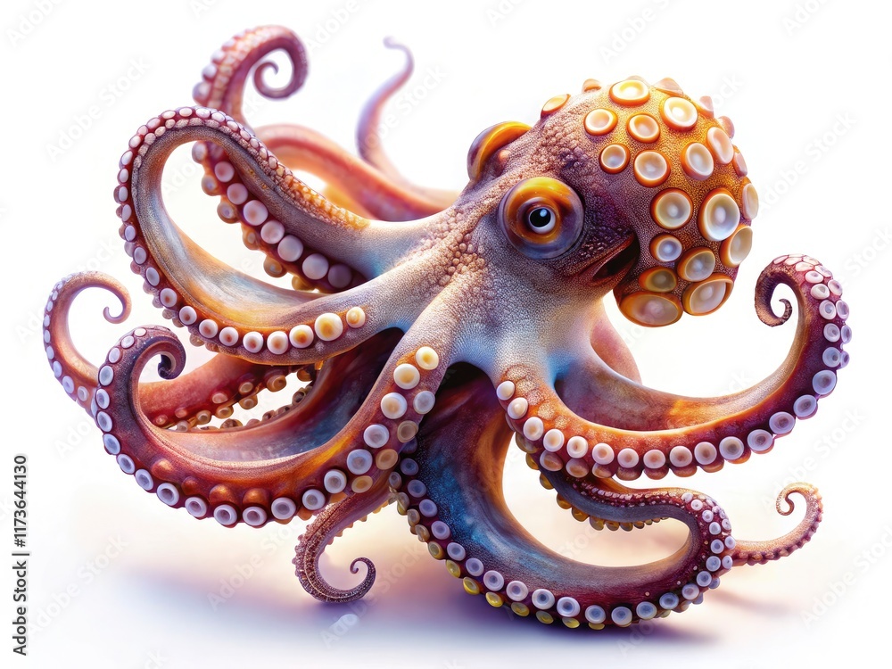 Obraz premium Underwater photography captures a mesmerizing white-spotted octopus, a solitary cephalopod in pristine isolation.