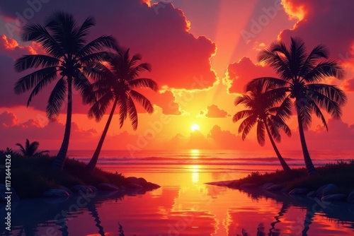 Silhouetted palm trees against a blazing sunset over the water , light, yellow
