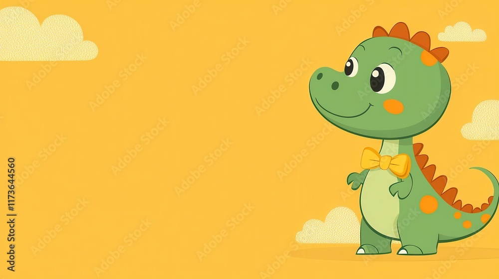 Cute Green Dinosaur with Orange Spots and Yellow Bowtie on Yellow Background Cute Green Dinosaur with Orange Spots and Yellow Bowtie on Yellow Background