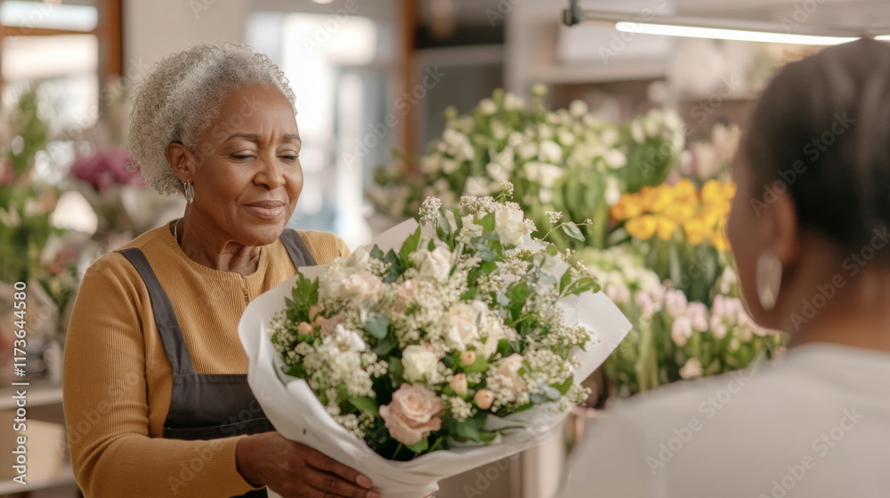 African american mature florist woman creates bouquet of flowers in flower store African american mature florist woman creates bouquet of flowers in flower store