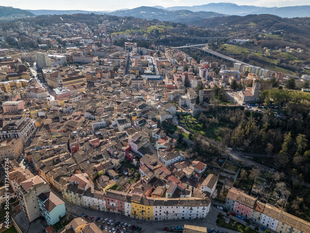 Fototapeta premium Aerial drone photo of the old town center in Campobasso, Italy.